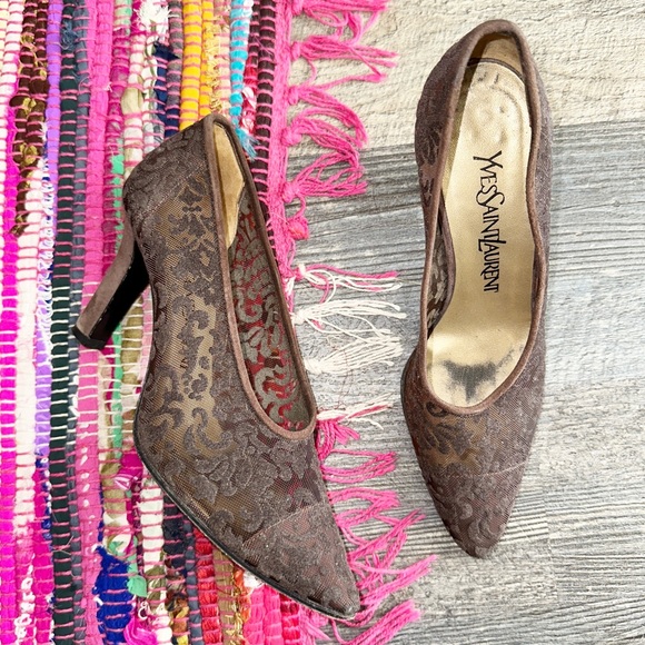 YVES SAINT LAURENT vintage brown mesh velvet pointed toe heels 5.5 - Picture 1 of 10